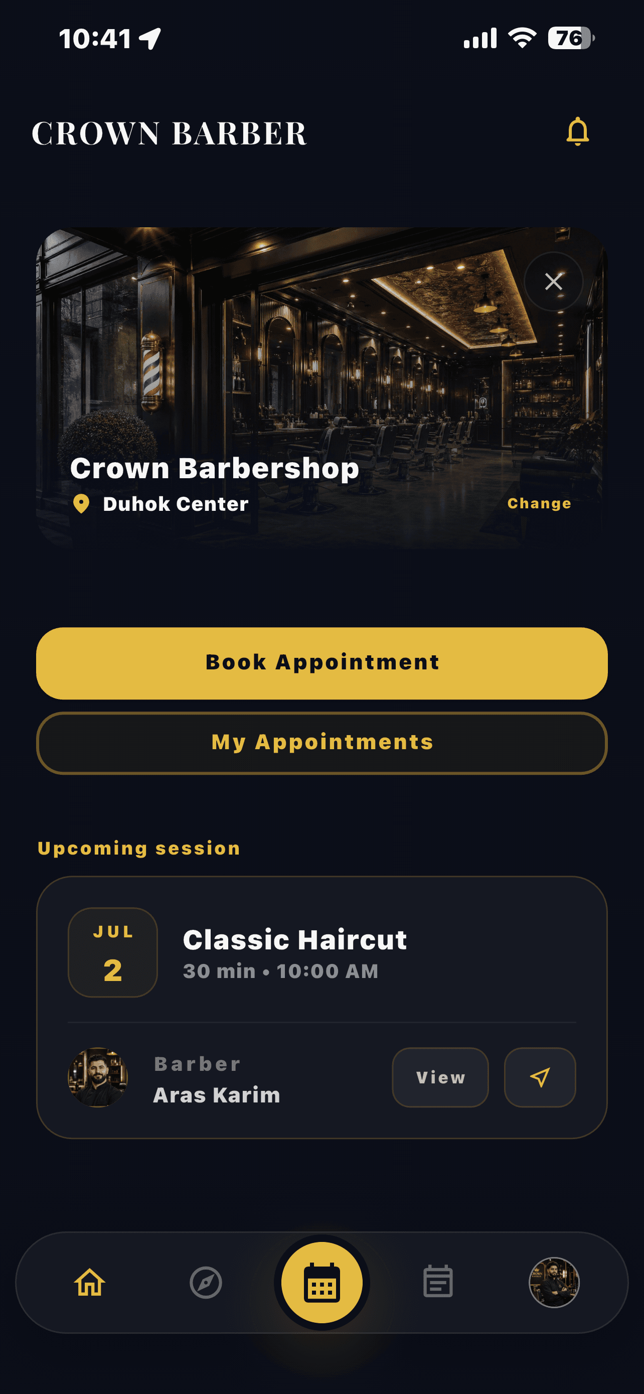 Crown Barber Client Home Screen